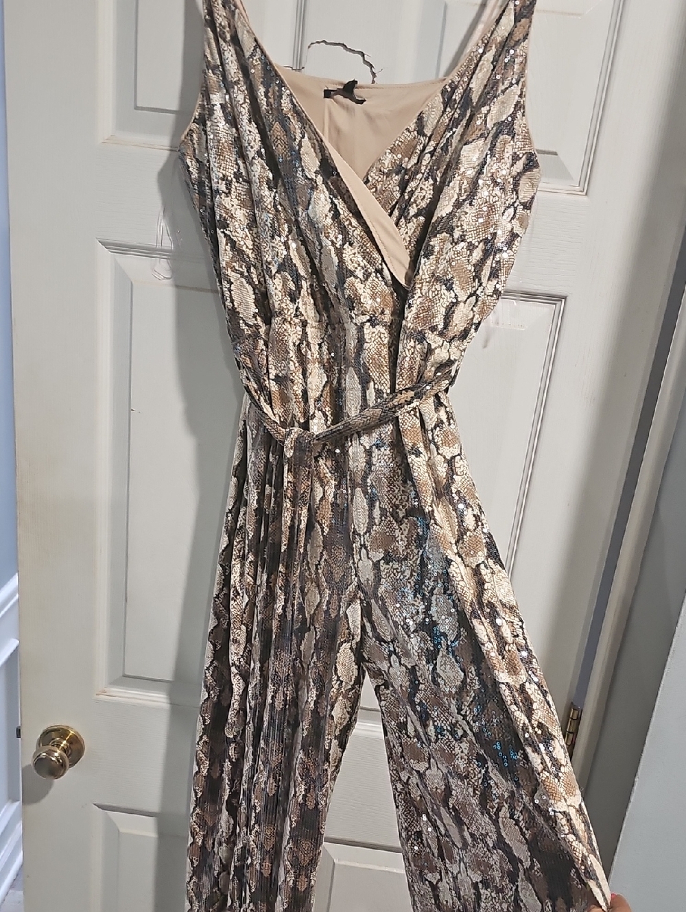 Fashion Nova One-Shoulder Snake-Print Jumpsuit in Brown and Cream Clear Sequins